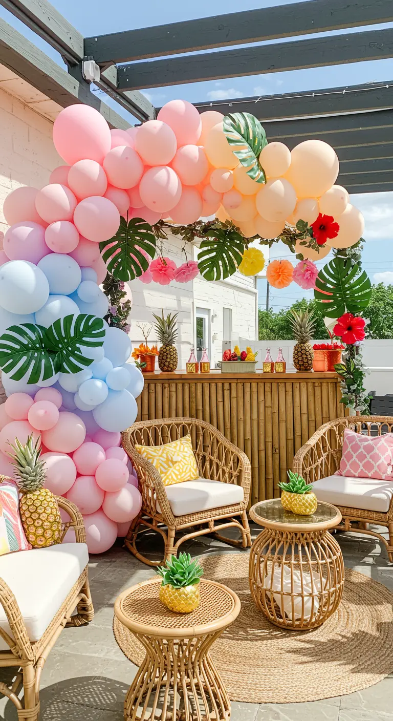 Ballonbogen in Rosa und Blau mit tropischen Blättern über einer Rattan-Sitzecke auf einer Terrasse.