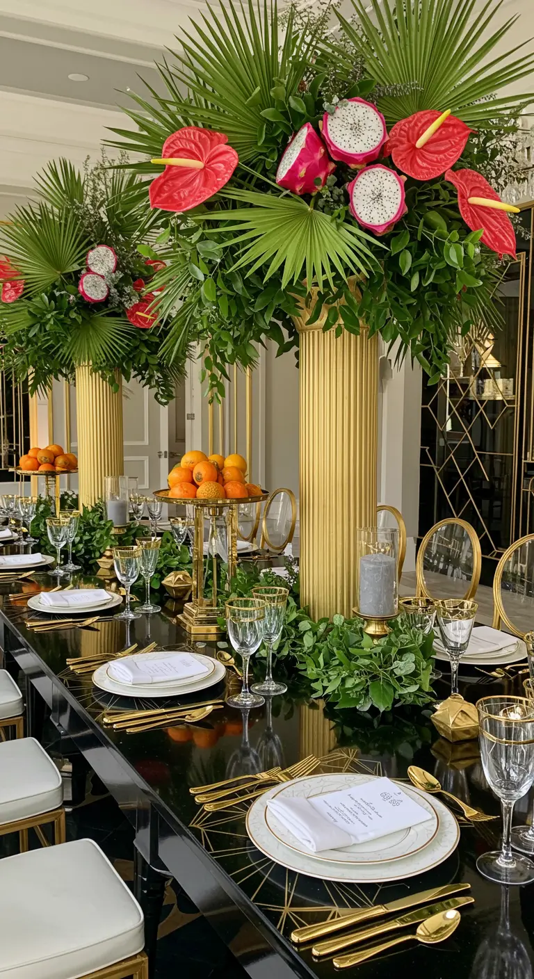 Elegante schwarze Tafel mit goldenen Vasen, Palmwedeln und aufgeschnittener Drachenfrucht