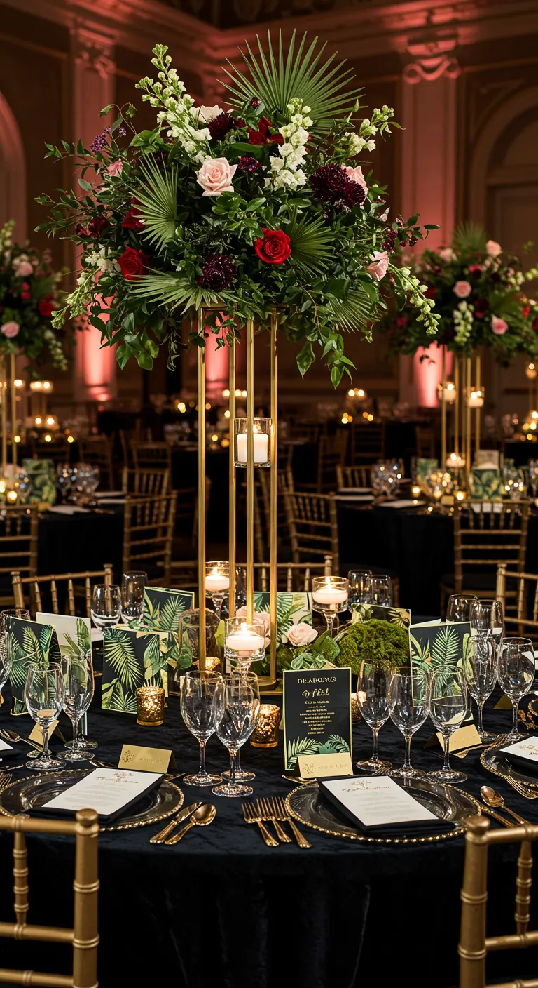 Opulent gedeckter Gala-Tisch mit hohem Blumengesteck und tropischer Papeterie in Gold und Grün.