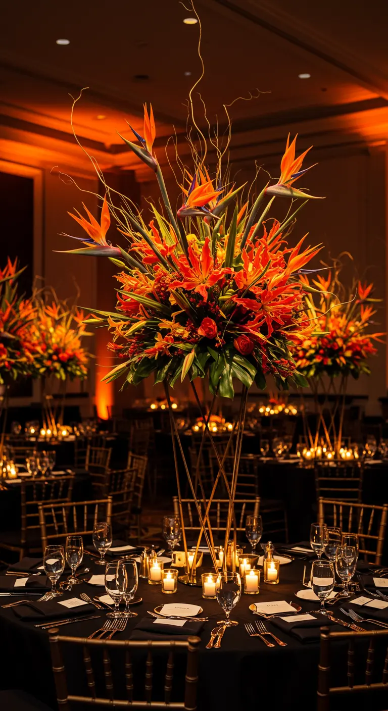 Hohes, explosives Blumenarrangement mit Paradiesvogelblumen und orangefarbenen Lilien.