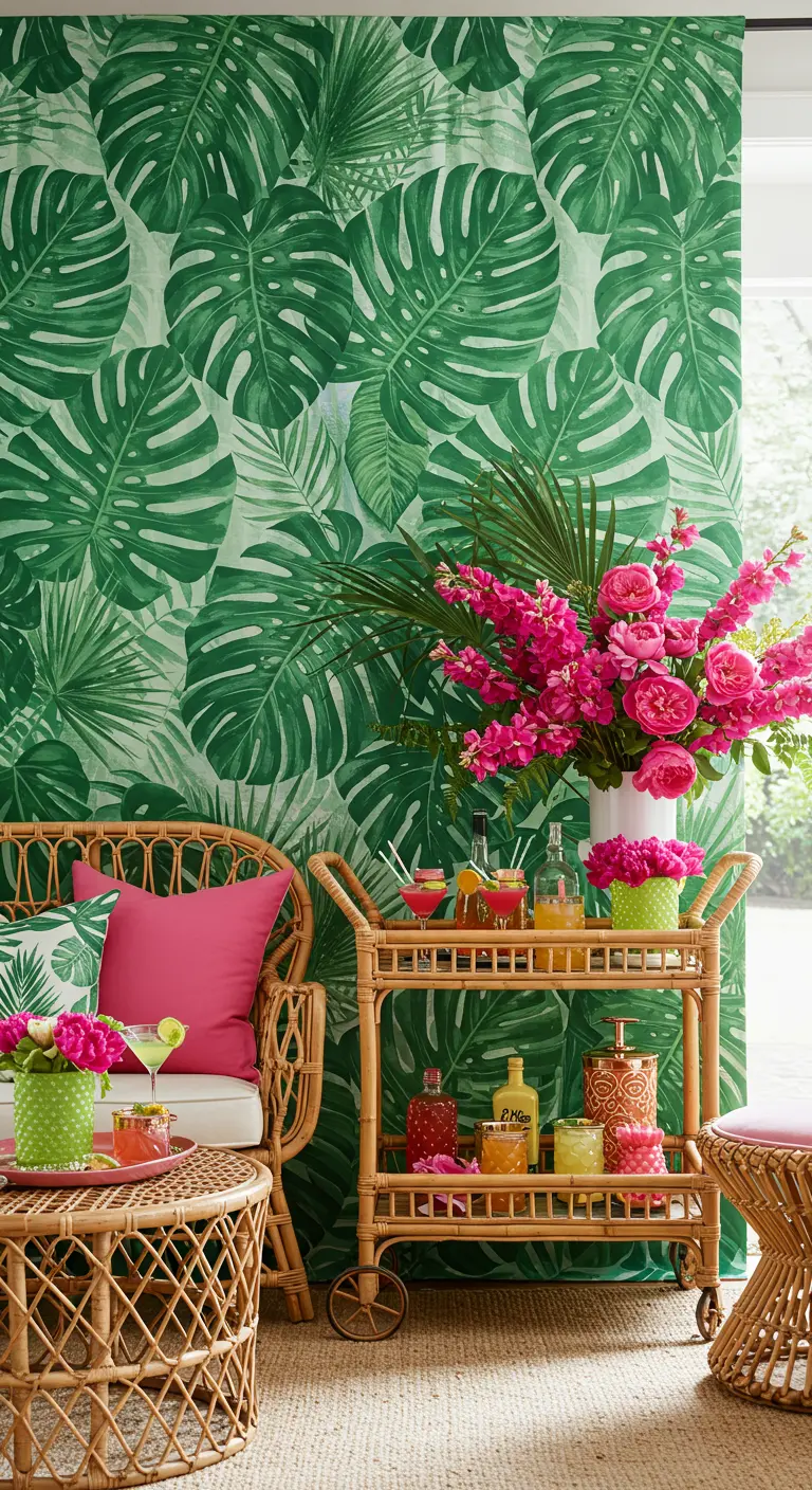 Ein Vorhang mit Monstera-Blattmuster als Hintergrund für eine Rattan-Sitzecke mit Cocktailwagen.