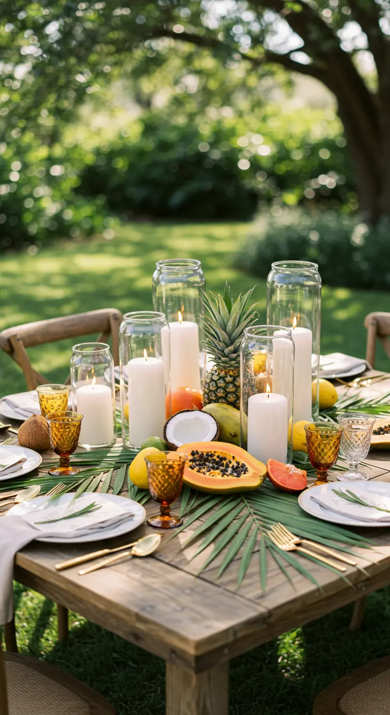 Gartentisch mit Kerzen in Glasvasen, umgeben von Palmwedeln und tropischen Früchten