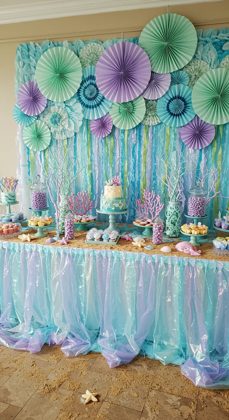 Ein Sweet Table im Meerjungfrauen-Stil mit Papierfächern in Mint und Lila als Hintergrund.