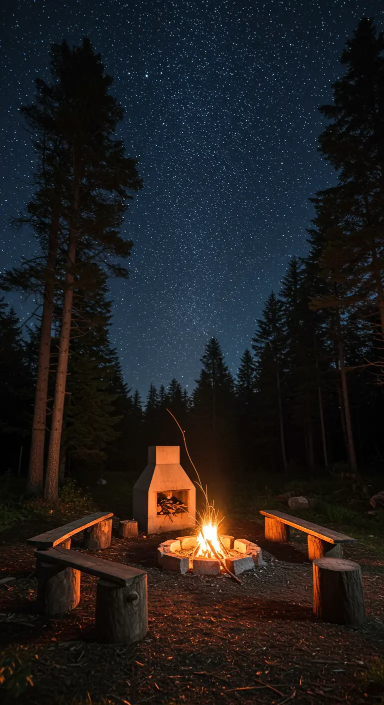 Einfache Beton-Feuerstelle in einer Waldlichtung unter dem nächtlichen Sternenhimmel.