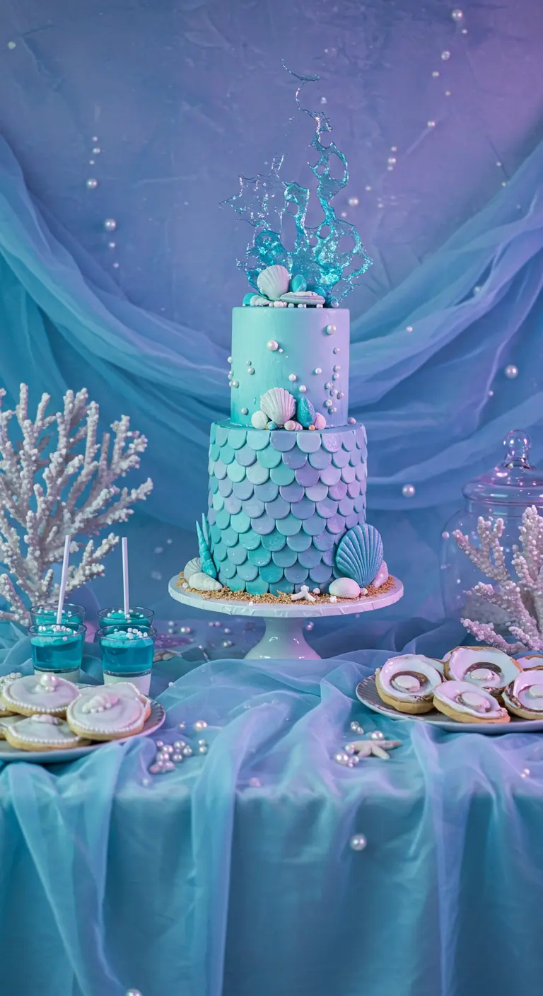 Torte im Meerjungfrauen-Stil mit türkisfarbenen Schuppen und Zucker-Korallen.