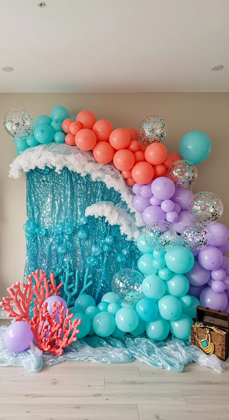 Unterwasser-Balloninstallation in Türkis, Koralle und Lila mit Korallendeko
