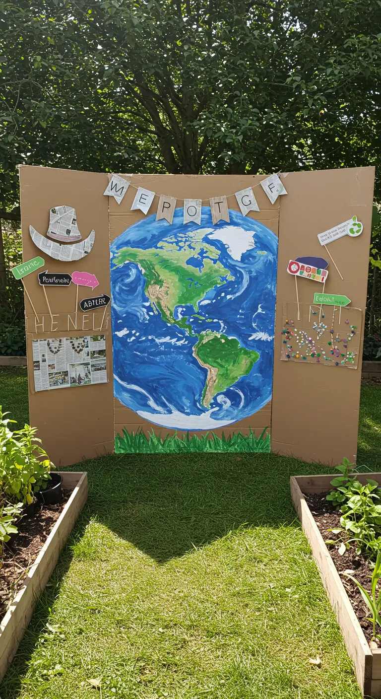 DIY-Photobooth aus Pappe mit gemalter Weltkugel und Upcycling-Requisiten aus Zeitung