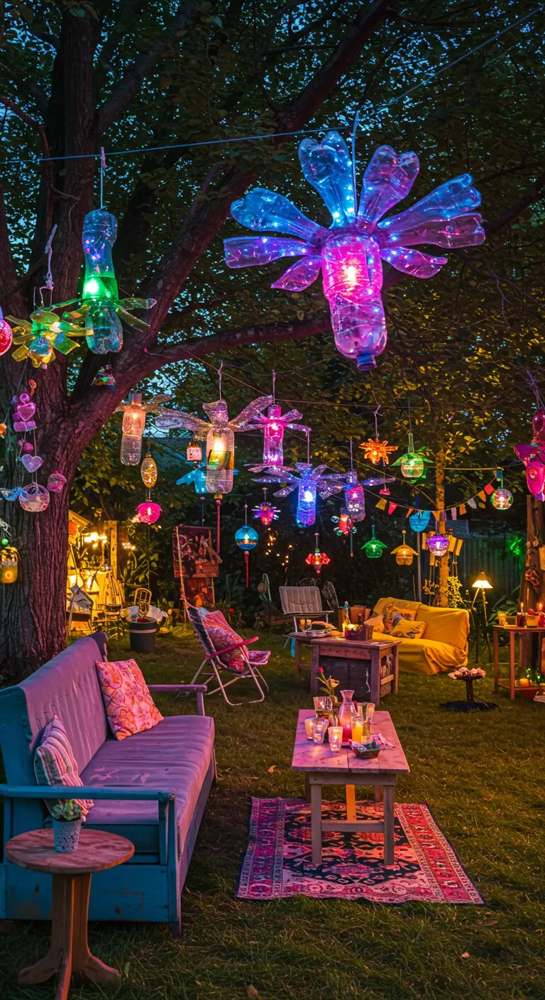 Bunte, blumenförmige Laternen aus recycelten Plastikflaschen hängen leuchtend an einem Baum.