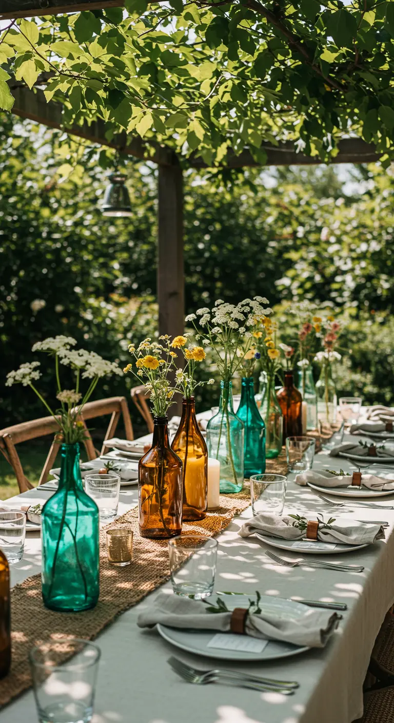 Nahaufnahme einer langen Tafel mit einem Läufer aus Jute und bunten Glasflaschen als Blumenvasen.