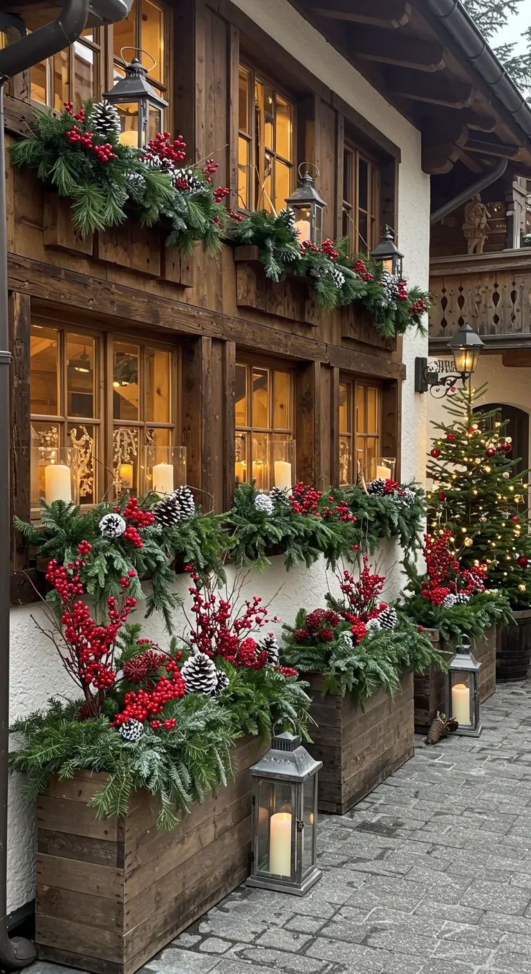 Holzfensterkästen, üppig gefüllt mit Tannengrün, roten Beeren und weissen Zapfen.