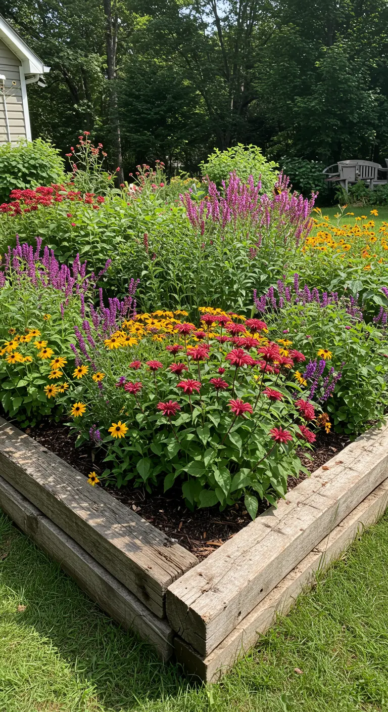 Ein üppiges Staudenbeet mit bunten Blumen, umrahmt von dicken, verwitterten Holzbalken.