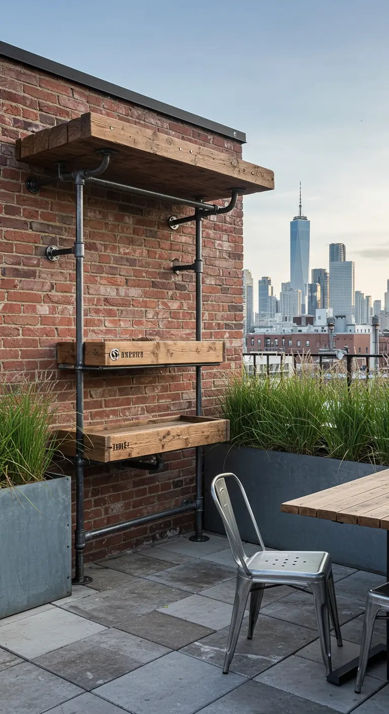 Industrielles Futterregal aus Holzbohlen und schwarzen Rohren auf einer Dachterrasse.