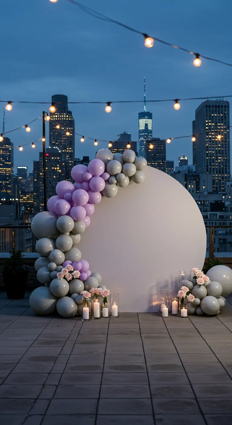 Moderner Ballonbogen in Grau und Lila auf einer Dachterrasse mit Stadtblick