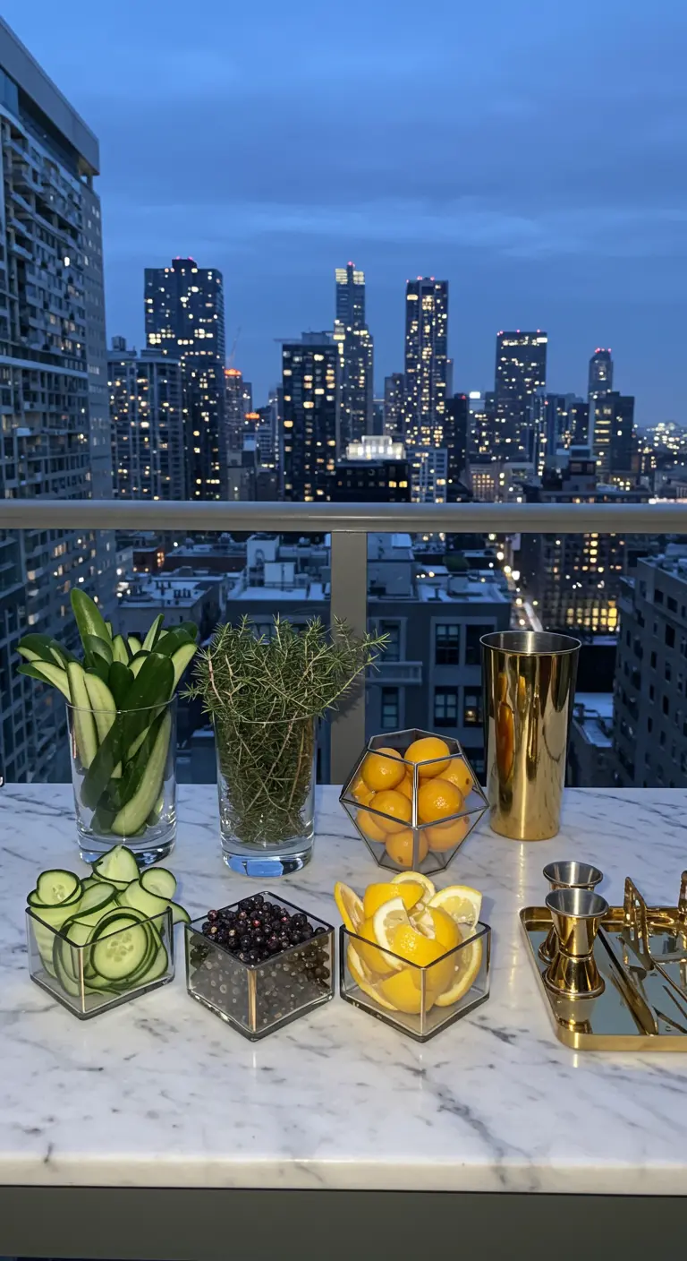 Moderne Cocktail-Garnish-Station auf einem Marmortisch mit Blick auf die Skyline.