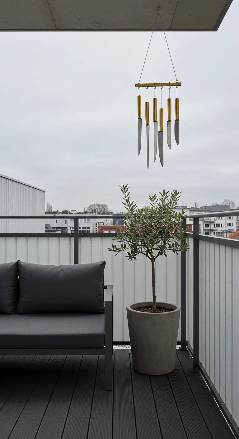 Modernes Windspiel aus Messingmessern hängt auf einem minimalistischen Stadtbalkon.