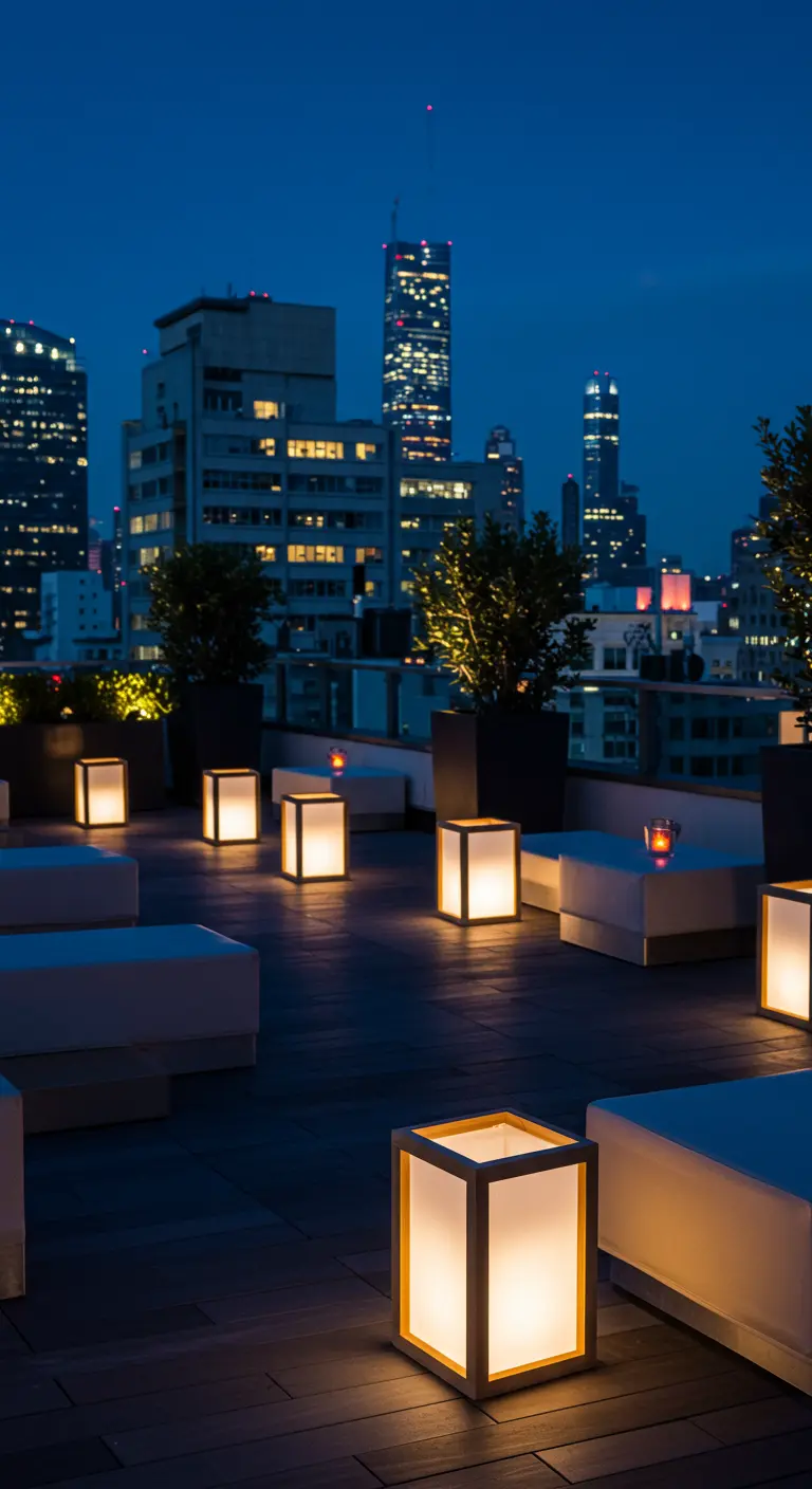Minimalistische, würfelförmige Bodenlaternen beleuchten eine moderne Dachterrasse mit Skyline-Blick.