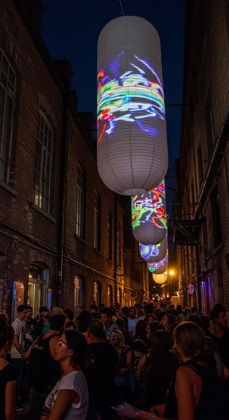 Große zylindrische Papierlampions mit bunten Lichtprojektionen in einer engen Gasse.