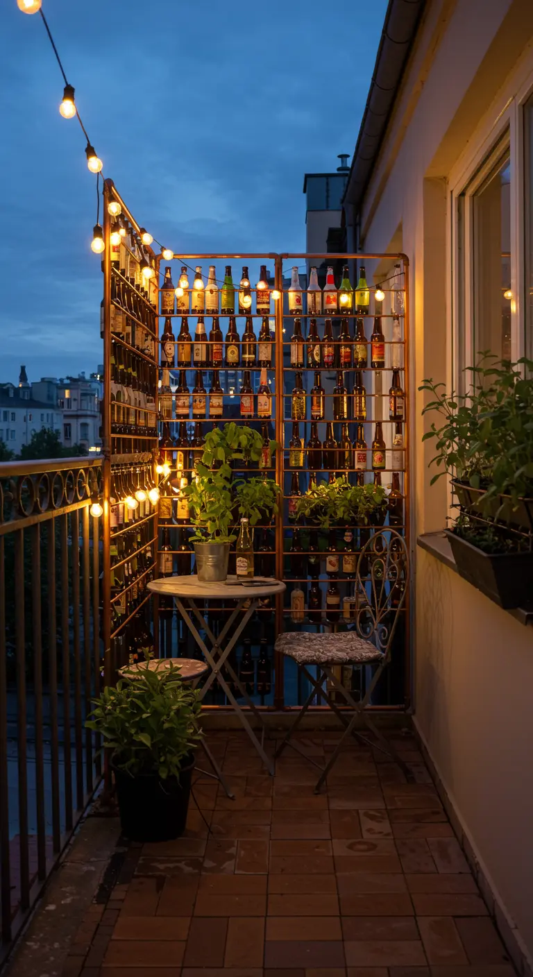 Ein kleiner Balkon bei Nacht, beleuchtet von einer Lichterkette an einem Sichtschutz aus Bierflaschen.