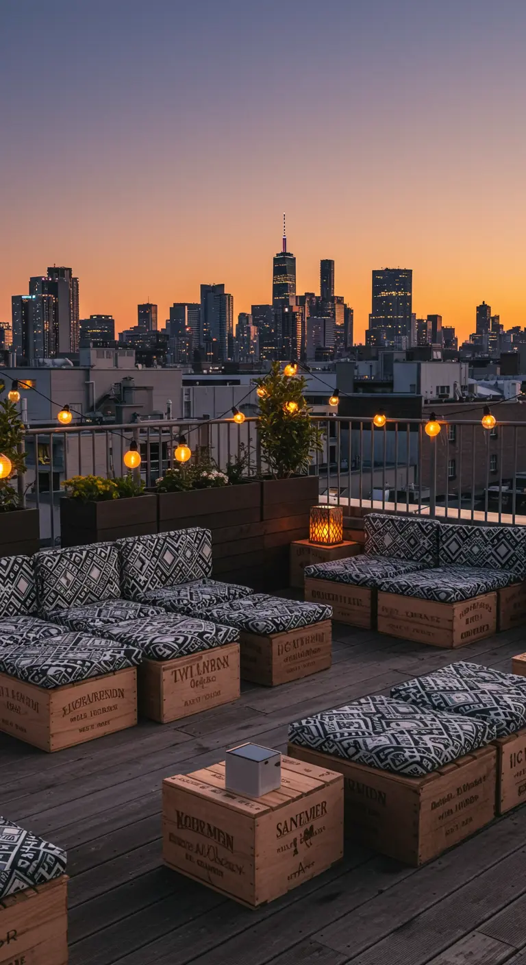 Große Lounge aus Weinkisten mit grafisch gemusterten Kissen auf einer Dachterrasse.