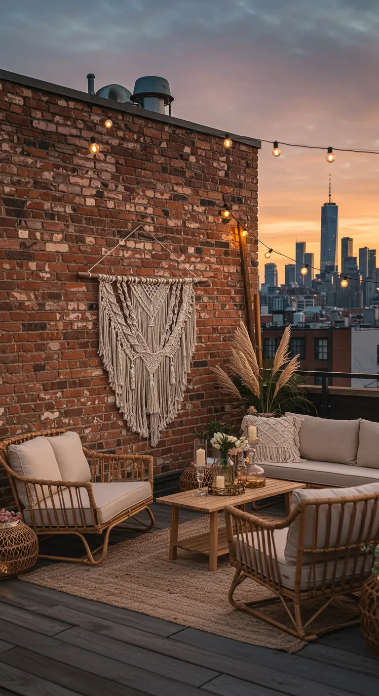 Eine Dachterrasse mit Rattanmöbeln, Lichterketten und einem großen Makramee an einer Backsteinwand.