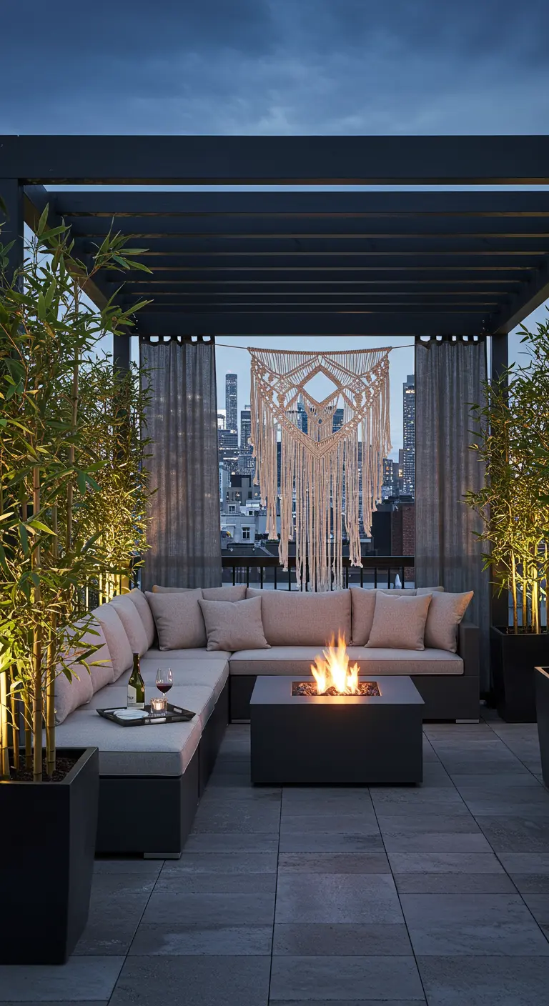Ein großer Makramee-Wandbehang an einer Dachterrassen-Pergola mit Blick auf die Stadt.