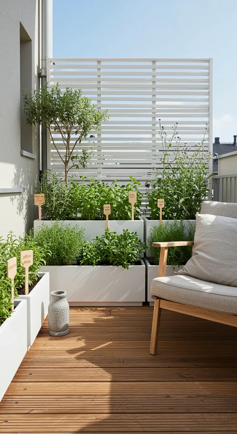 Helle Holzschilder in weißen Pflanzkübeln auf einem modernen Holzbalkon.