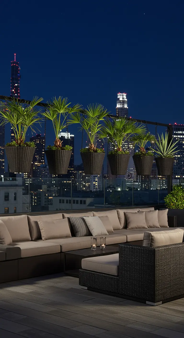 Fünf dunkle Hängekörbe mit Palmen auf einer Dachterrasse mit Blick auf eine nächtliche Skyline.