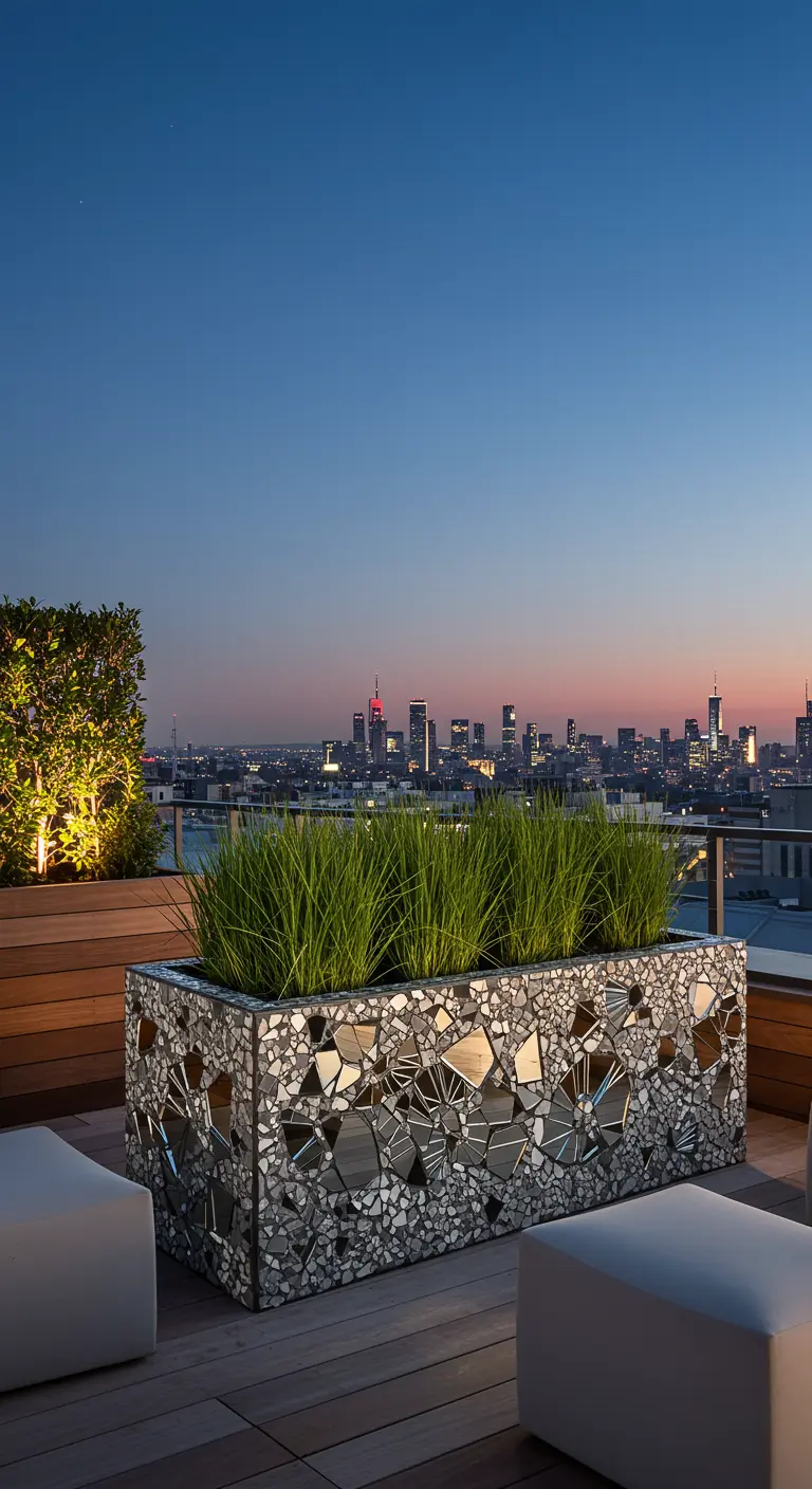 Ein großer, rechteckiger Pflanzkübel mit Spiegelmosaik auf einer Dachterrasse mit Stadtblick.