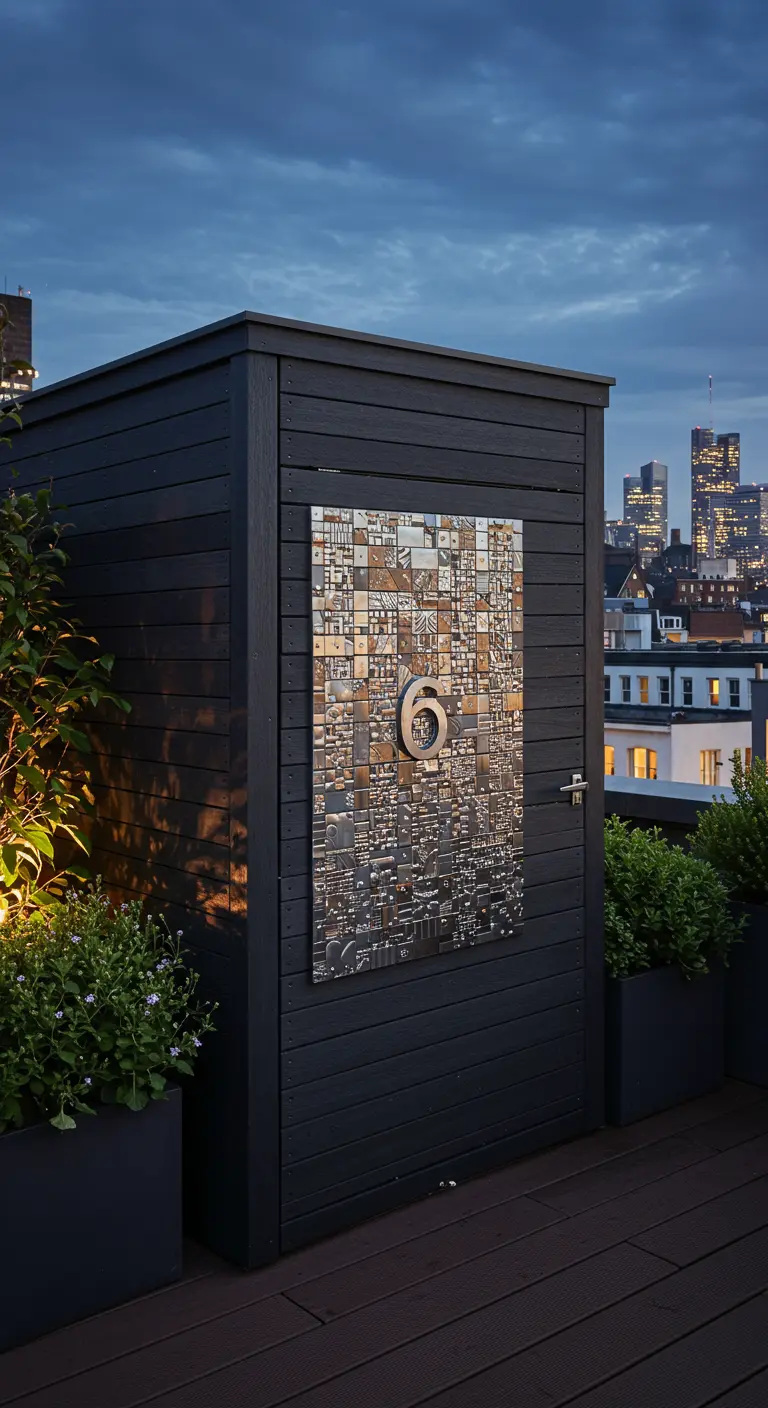 Großes, abstraktes Mosaik mit Metallic-Fliesen und der Zahl 6 an einem modernen Schuppen auf einer Dachterrasse.