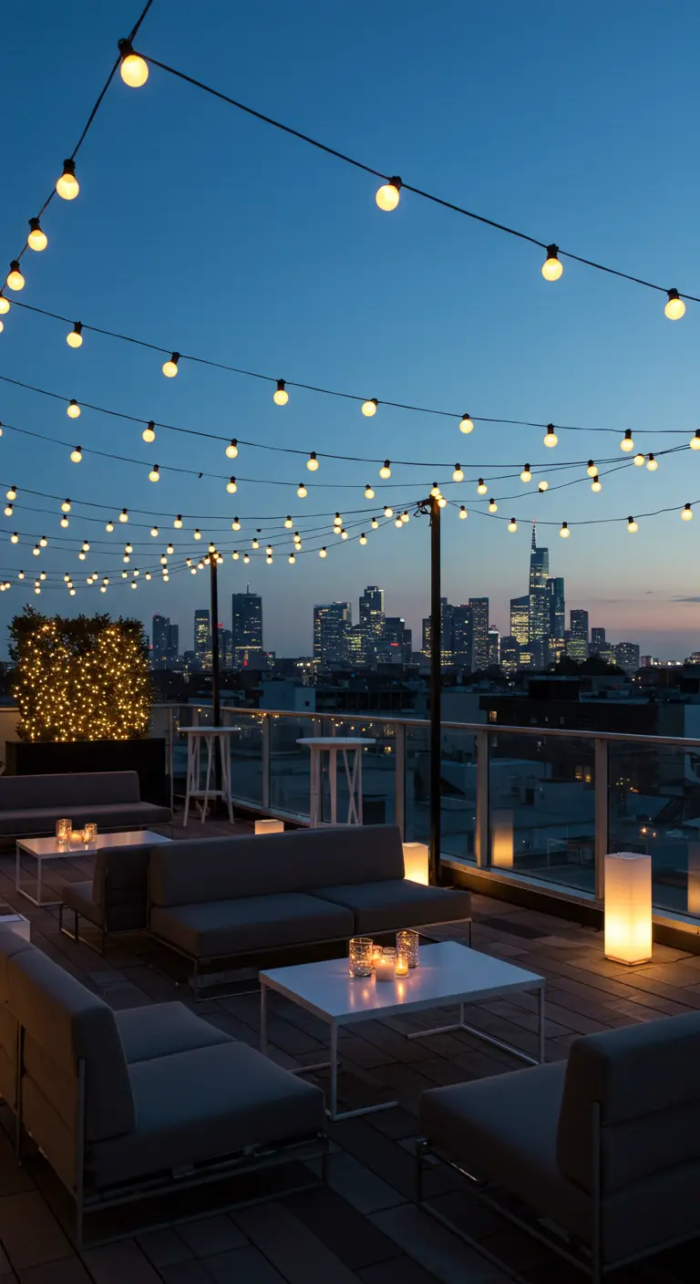 Dachterrasse mit Blick auf die Skyline, großflächig mit Lichterketten überspannt