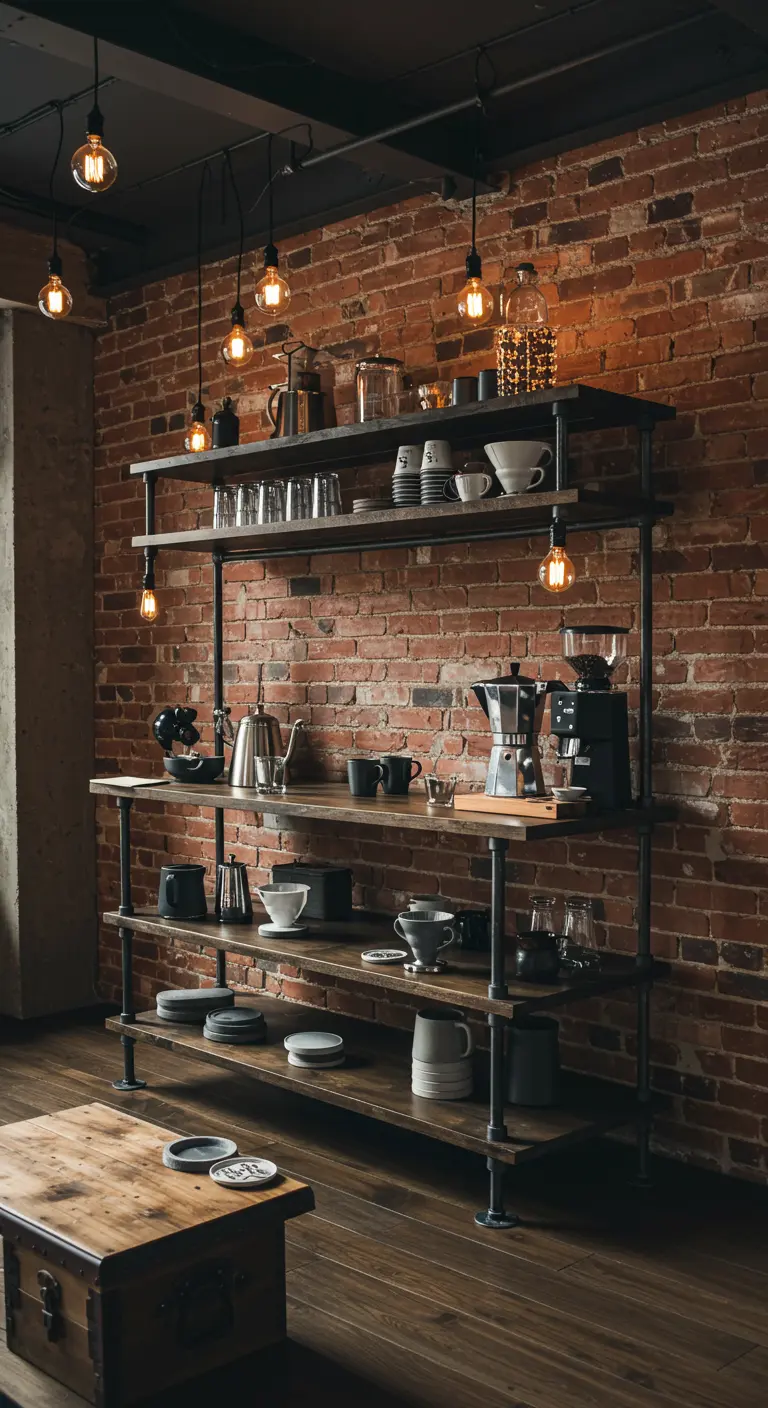 Industrielles Regal vor einer Backsteinwand, als Kaffeebar mit Edison-Glühbirnen ausgestattet.