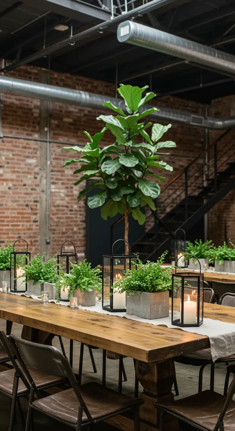 Tischdeko mit Farnen in Betontöpfen und schwarzen Laternen in einem Loft.
