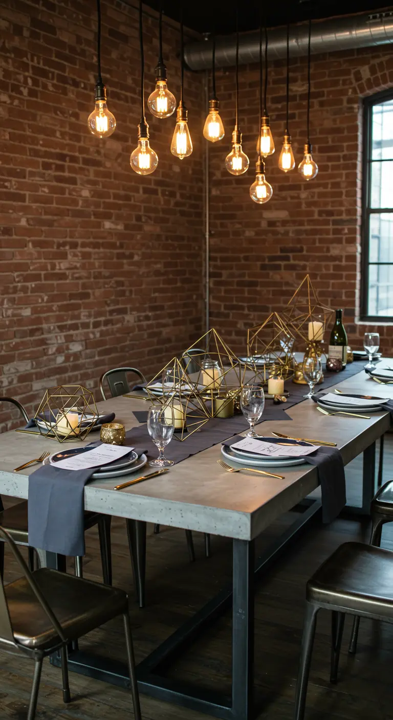 Industrial-Tisch mit Betontischplatte und goldenen geometrischen Kerzenhaltern.