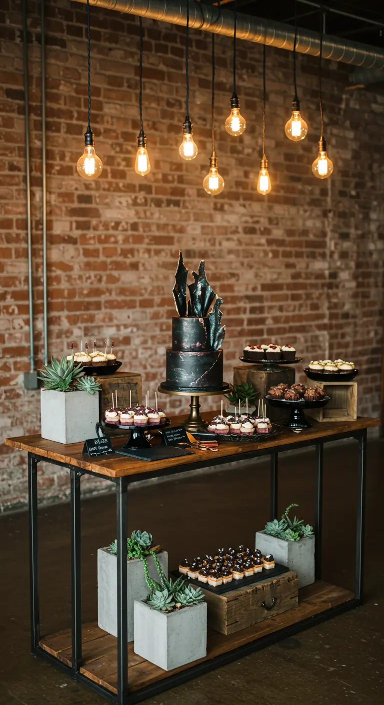 Schwarze Torte auf einem Industrie-Tisch unter Edison-Glühbirnen vor einer Backsteinwand.