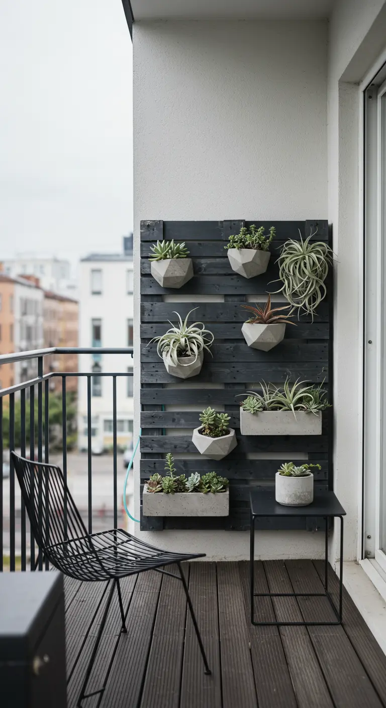 Schwarz gestrichene Palette mit geometrischen Betontöpfen, bepflanzt mit Sukkulenten auf einem Balkon.