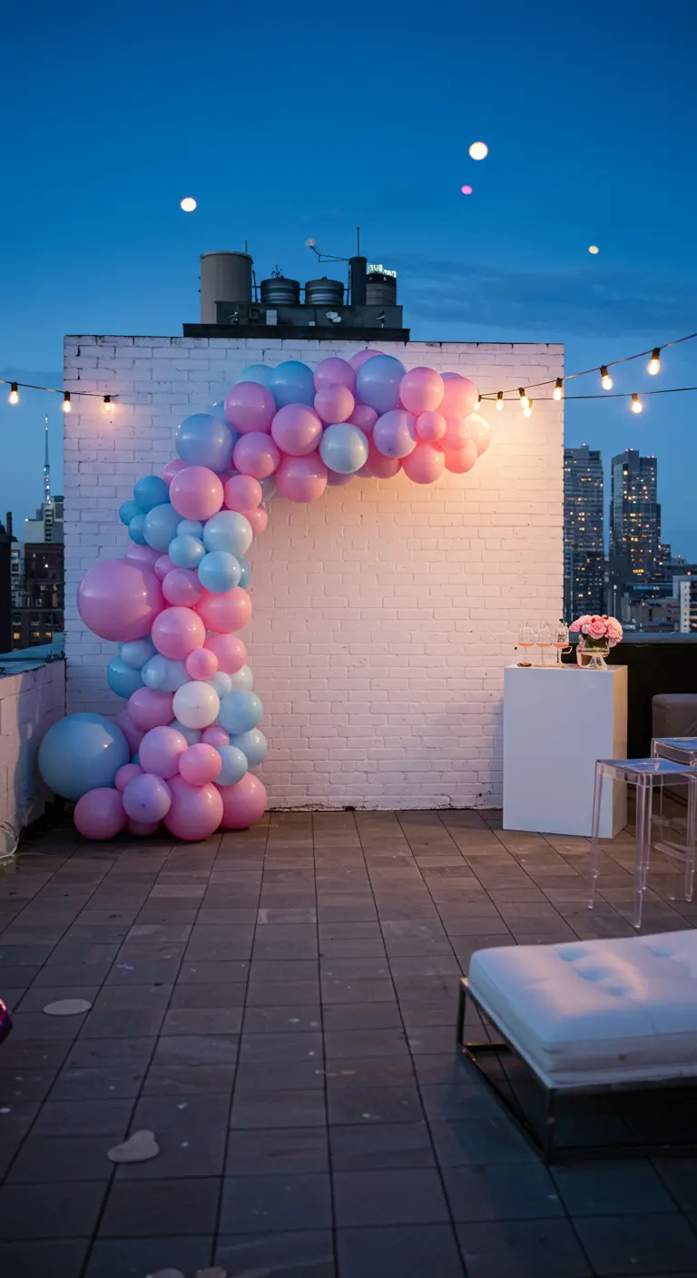 Rosa-blauer Ballonbogen vor einer weißen Ziegelwand auf einer Dachterrasse bei Nacht.