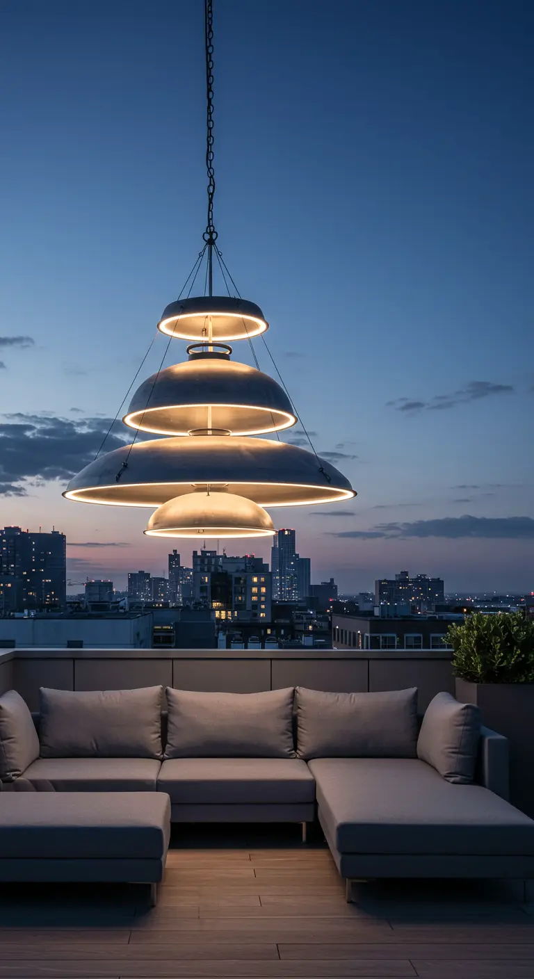 Große, gestapelte Hängelampe aus Metallschalen über einer Lounge auf einer Dachterrasse.