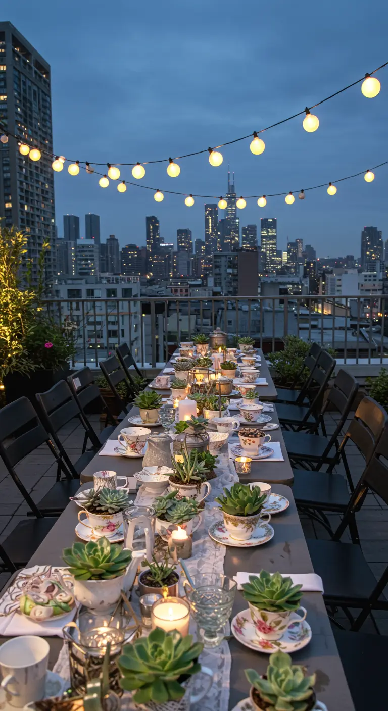 Dachterrassen-Tafel bei Nacht, dekoriert mit Sukkulenten in Vintage-Teetassen.