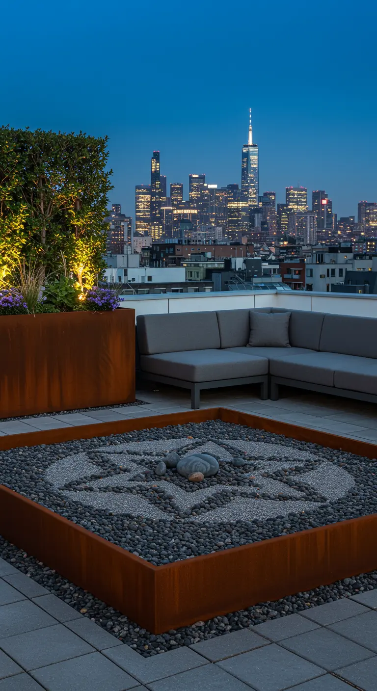 Ein quadratisches Mandala aus Kieseln in einem Cortenstahl-Rahmen auf einer Dachterrasse.
