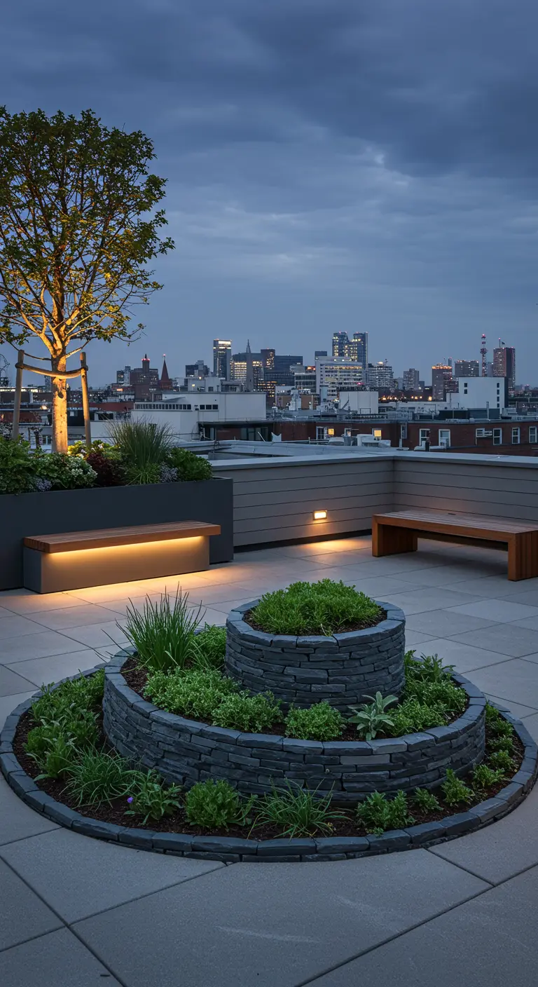 Moderne, runde Kräuterspirale aus grauen Steinen auf einer Dachterrasse bei Nacht.
