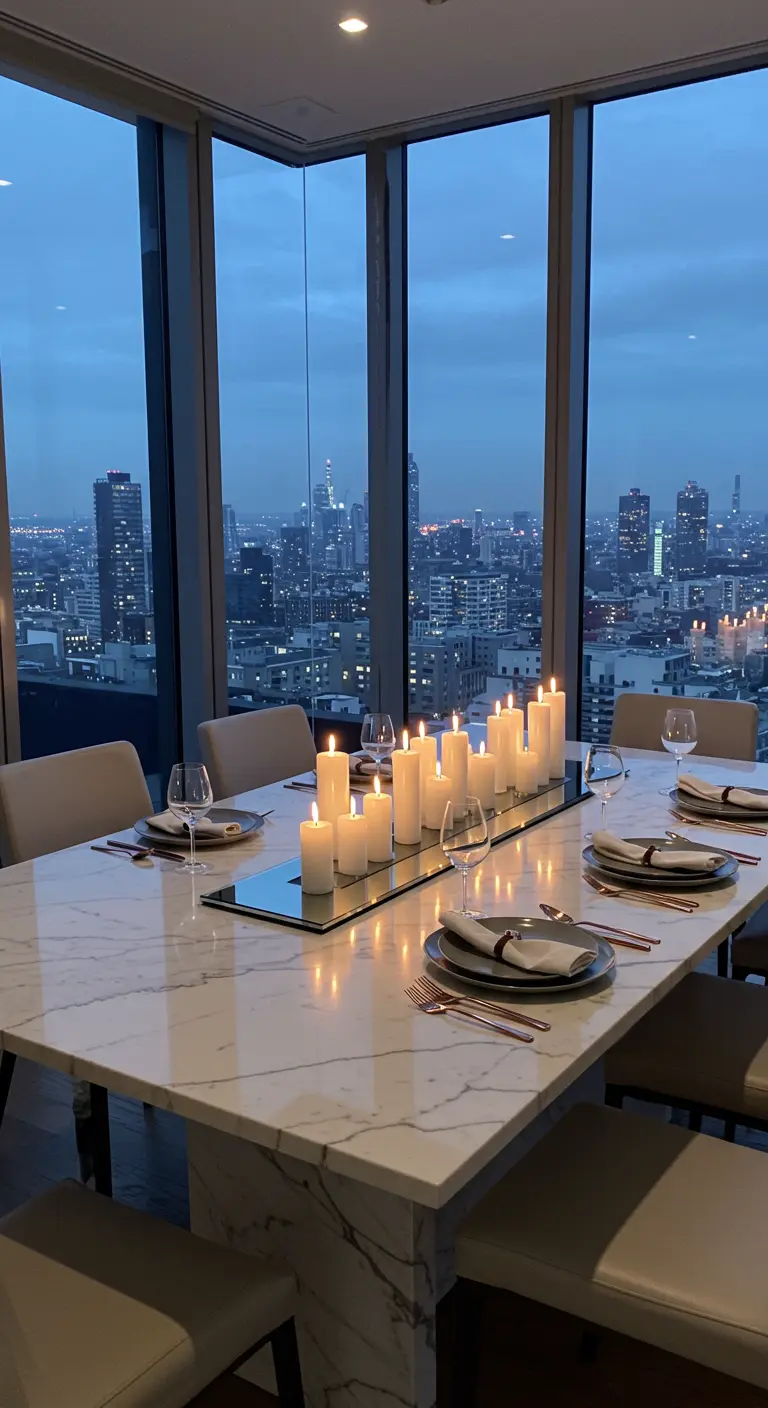 Weiße Stumpenkerzen auf einem Spiegelläufer auf einem Marmortisch mit Stadtblick