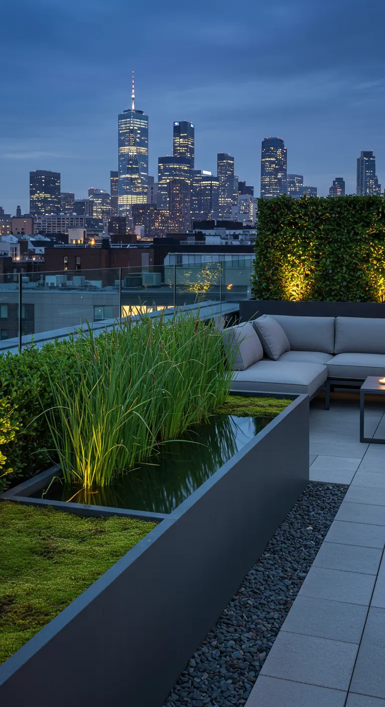 Ein langes, modernes Wasserbecken mit Schilf auf einer Dachterrasse mit Blick auf eine Skyline.