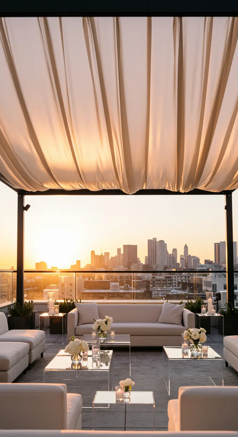 Stoffbaldachin über einer modernen Lounge-Ecke auf einer Dachterrasse bei Sonnenuntergang