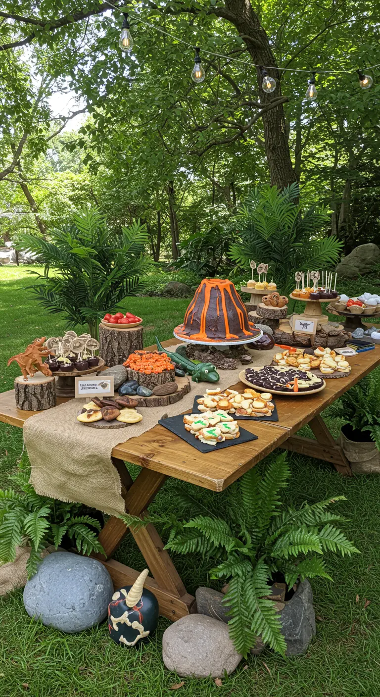 Dinosaurier-Buffet im Freien mit Vulkan-Kuchen, Farnen und Holzscheiben als Deko