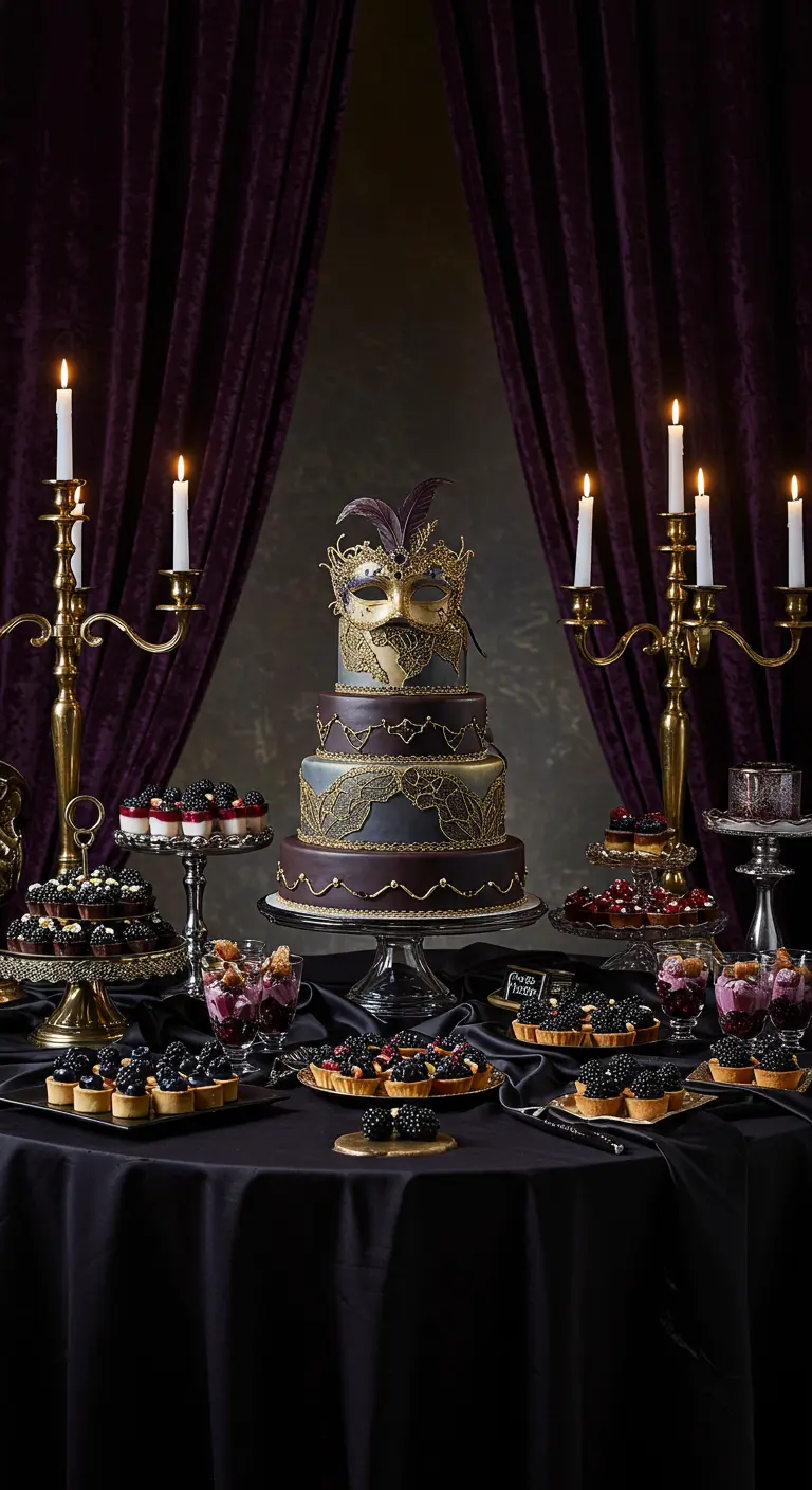 Elegante Maskenball-Torte in Violett und Gold, umgeben von Kerzenleuchtern.