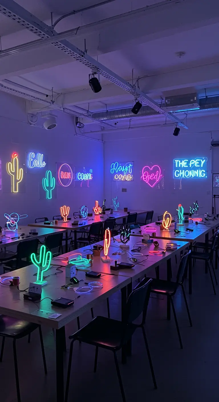 Lange Tische, an denen Arbeitsplätze für einen DIY-Neon-Schilder-Workshop eingerichtet sind.