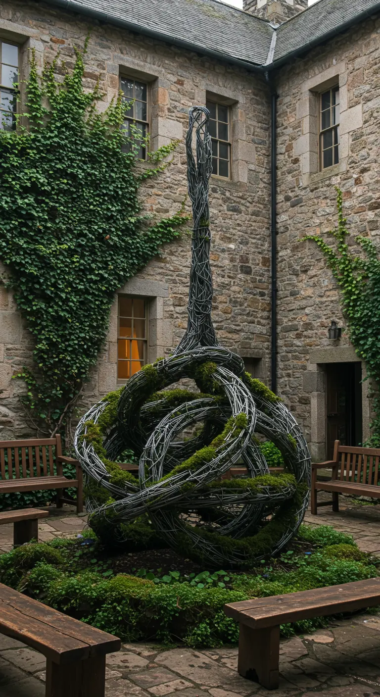Große, abstrakte Knotenskulptur aus Draht und Moos in einem steinernen Innenhof.
