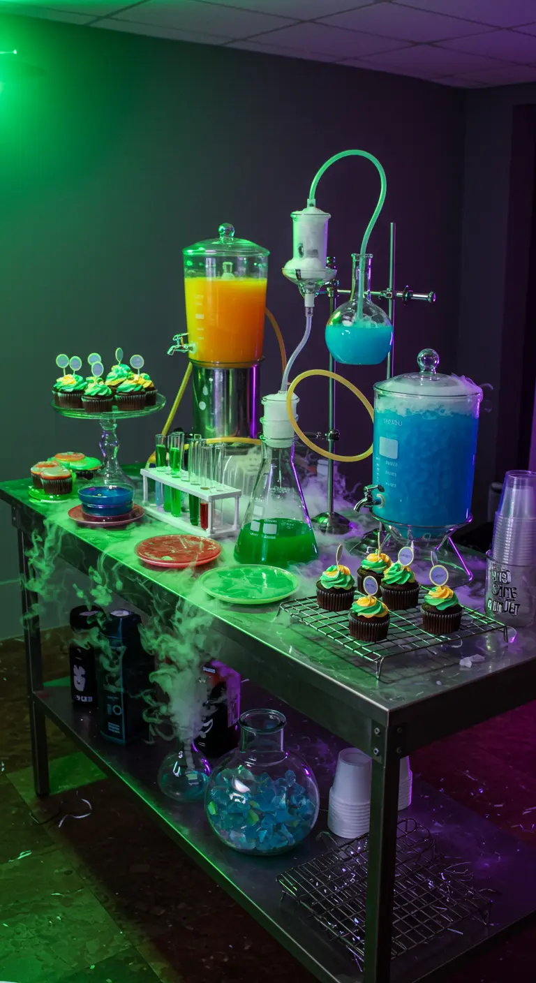 Wissenschaftslabor-Buffet mit Reagenzgläsern, blubbernden Getränken, Trockeneis-Nebel und grünem Licht