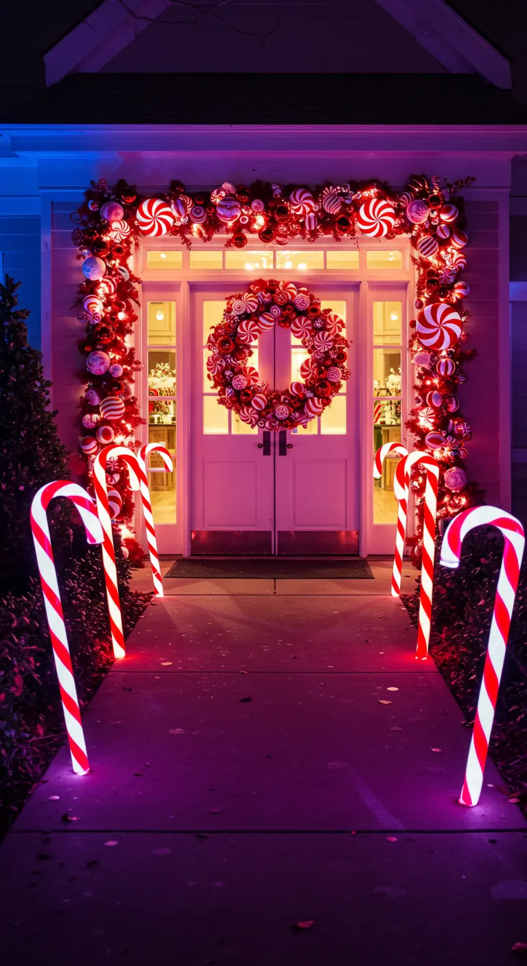 Eingang dekoriert mit einer opulenten Girlande und einem Kranz aus Zuckerstangen-Ornamenten.