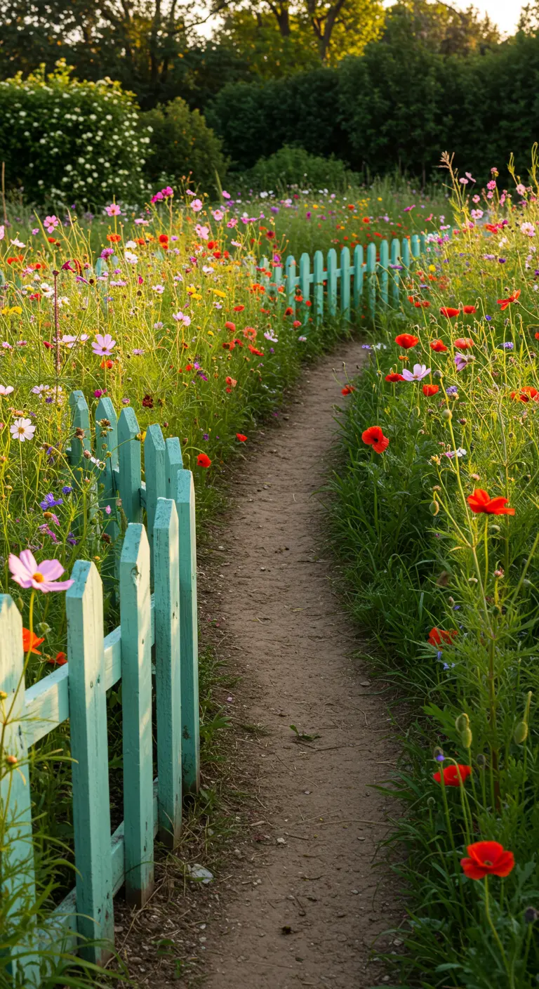 Ein mintgrüner, niedriger Holzzaun schlängelt sich durch eine bunte Wildblumenwiese.
